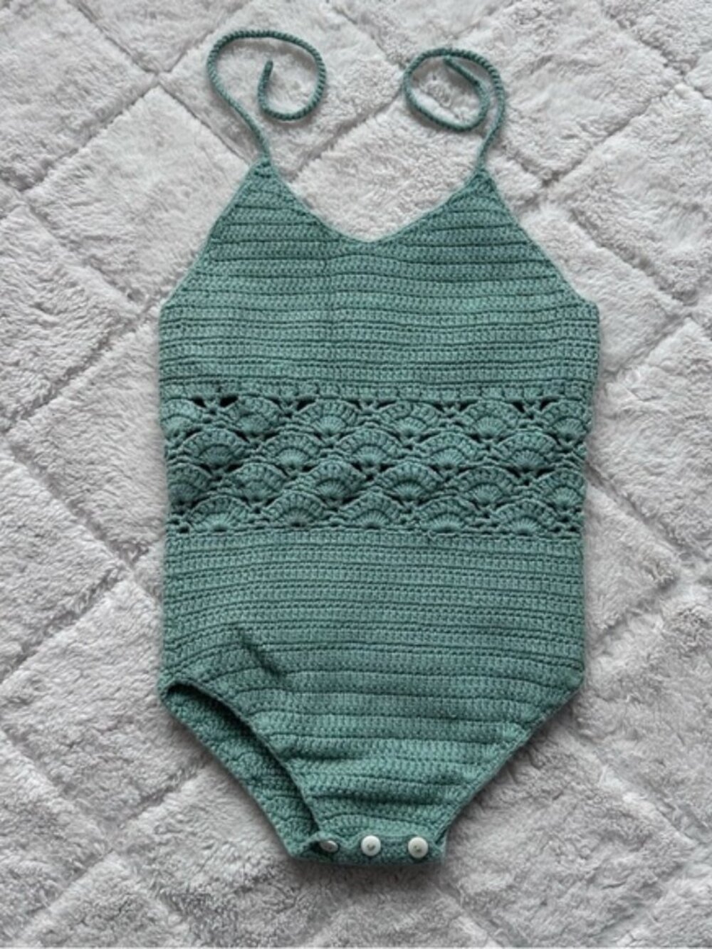 Kate Quinn | Green Organic Crochet Knit Halter Romper | Size 12-18 Months